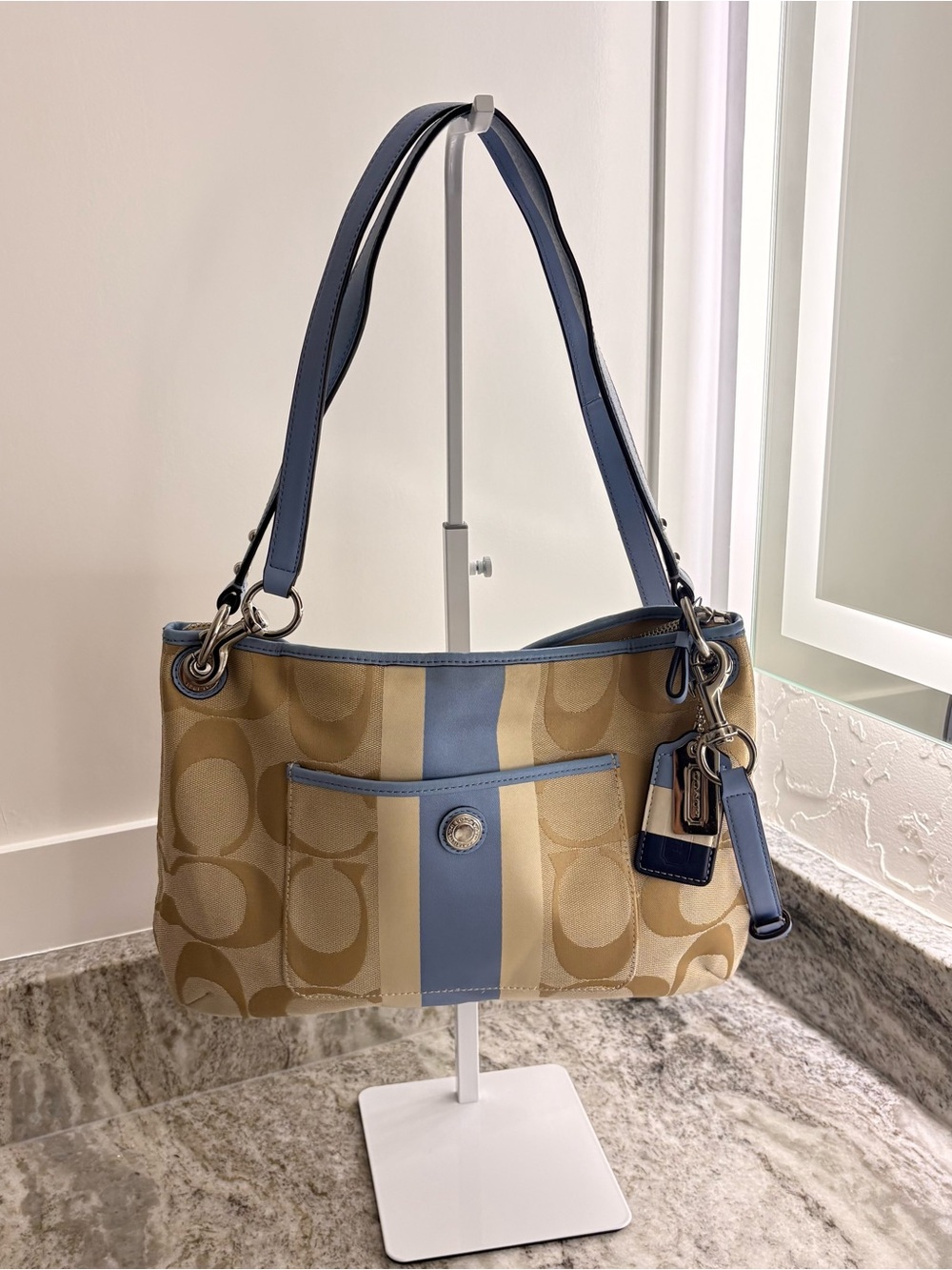 Coach Tan and Blue Signature Stripe Shoulder Bag with Front Pocket